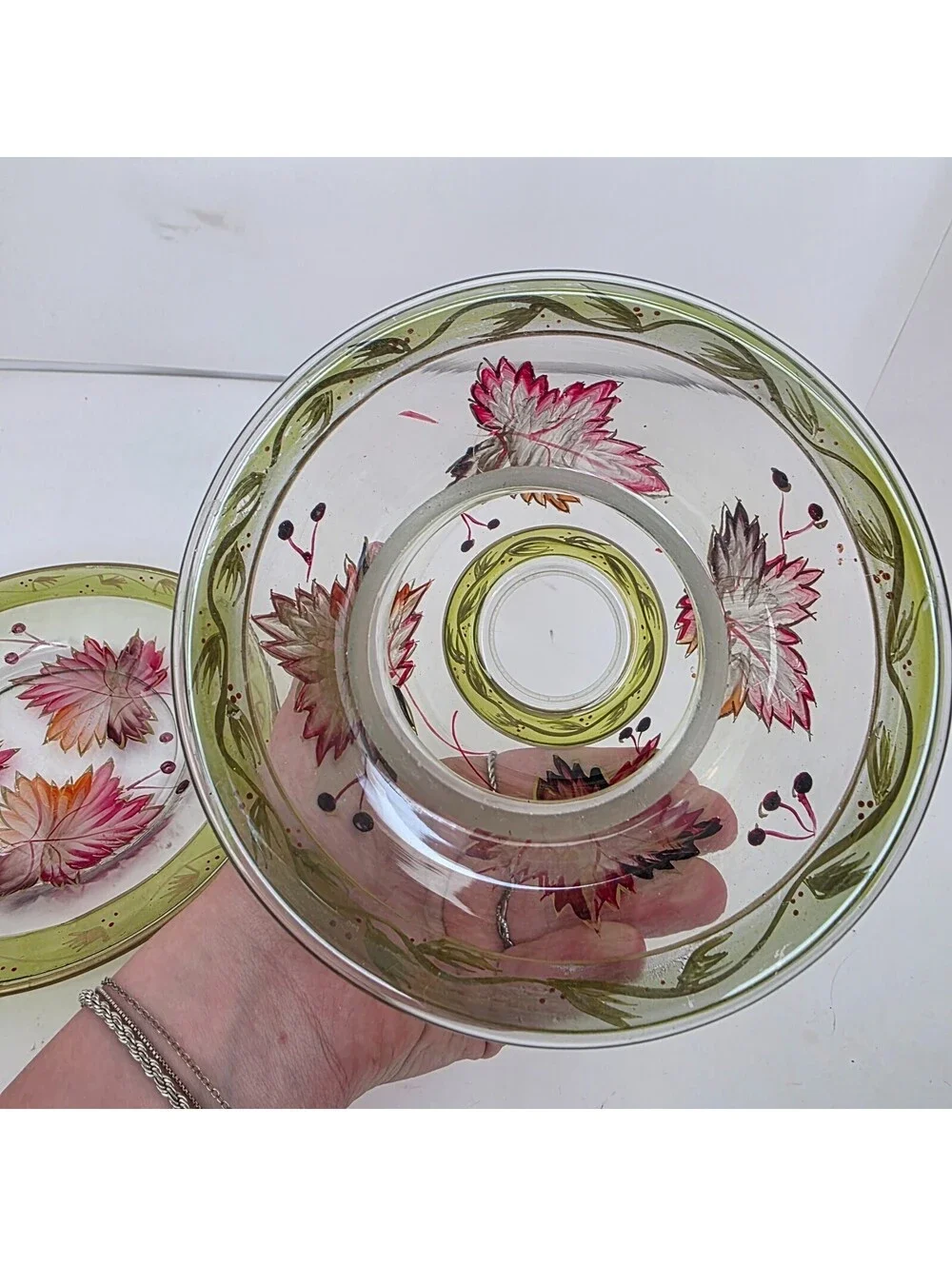 Yankee Candle Shade & Plate Set Hand Painted Glass Autumn Maple Leaf Fall Vtg